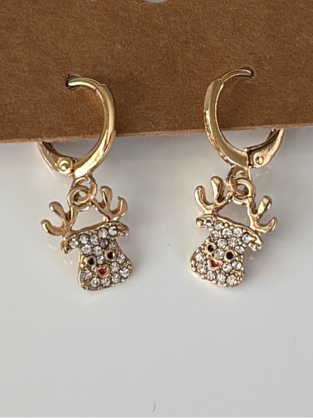 Christmas Reindeer Huggie Earrings - Gold tone with sparkling crystal accents